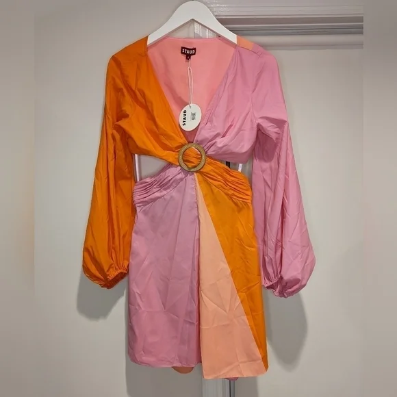Staud Gulf A-Line Cutout Dress in TANGERINE/ GRAPEFRUIT/ PETAL Size 4 - Picture 12 of 12